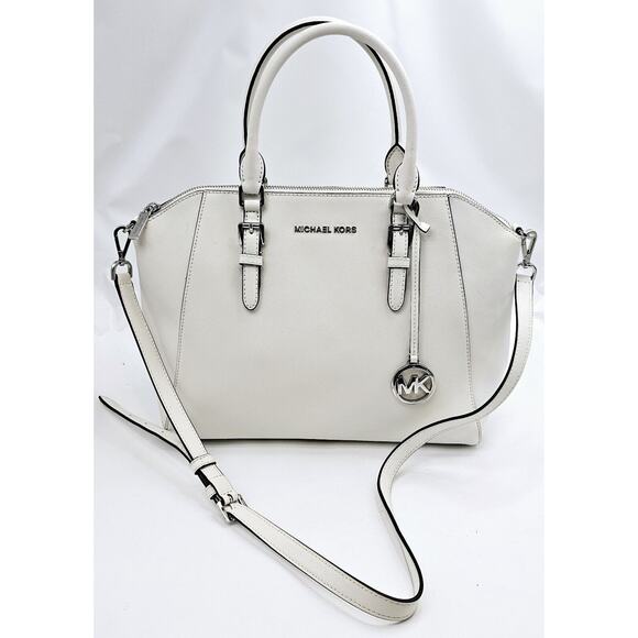 Michael Kors Ciara Large Optic White Leather Top Zip Satchel Crossbody Purse Bag - Picture 3 of 13